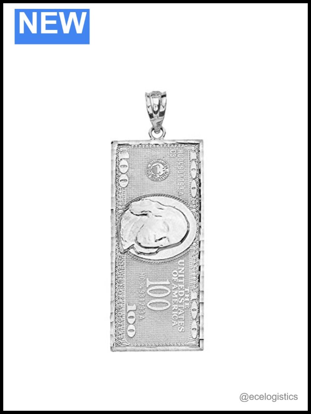 Sterling Silver Benjamin Franklin $100 Bill Pendant Large Charm